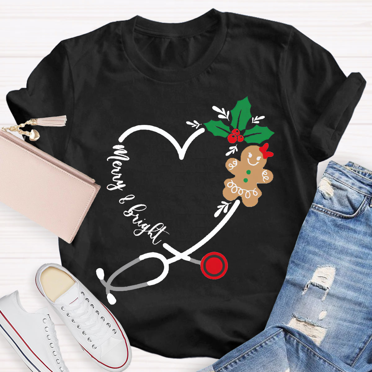 Merry And Bright Christmas School Nurse Stethoscope T-shirt