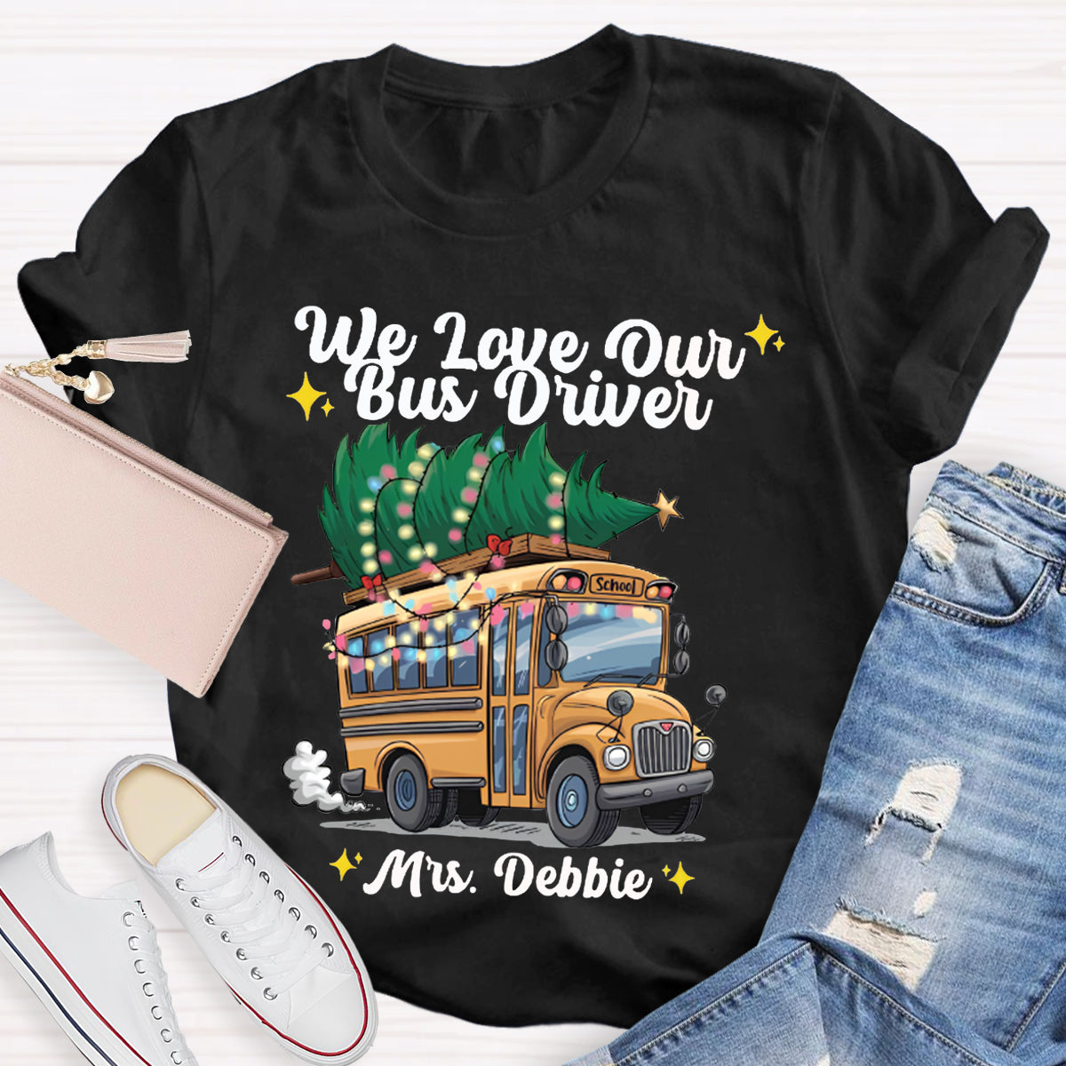 Personalized Name We Love Our School Bus And Christmas Tree T-shirt