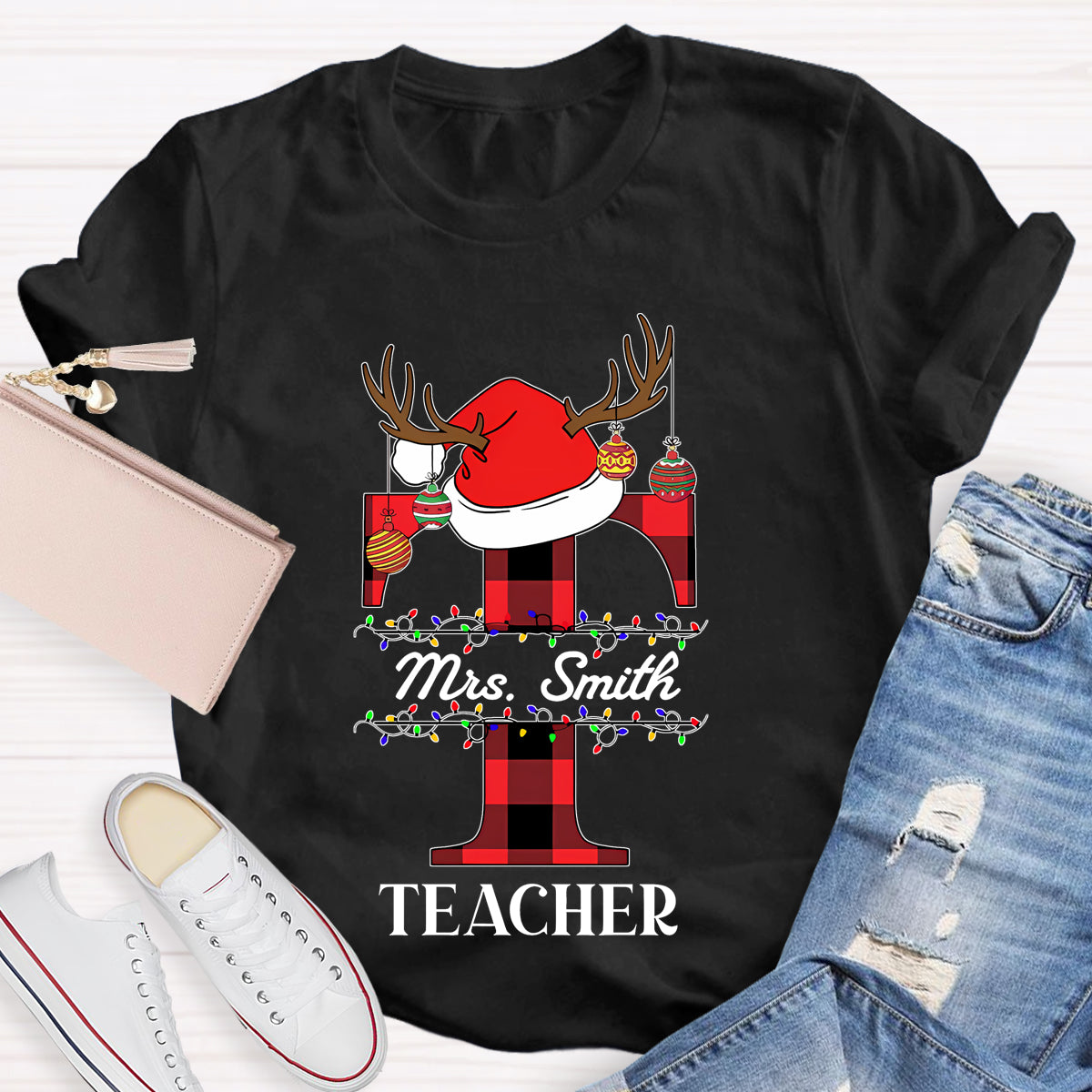 Personalized Name T Is For Teacher Santa Hat Christmas T-shirt