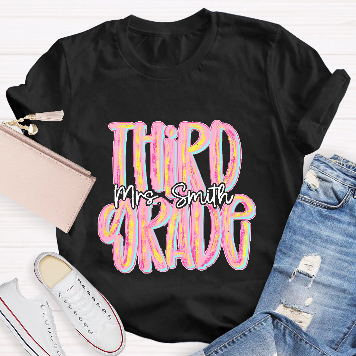 Personalized Grade And Name Pink Second Grade Teacher T-Shirt