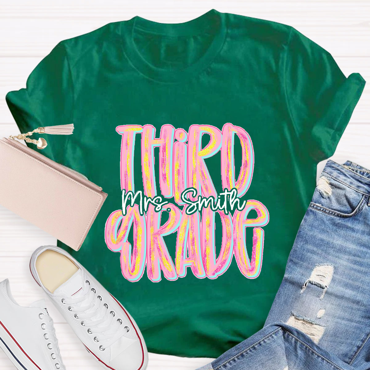 Personalized Grade And Name Pink Second Grade Teacher T-Shirt