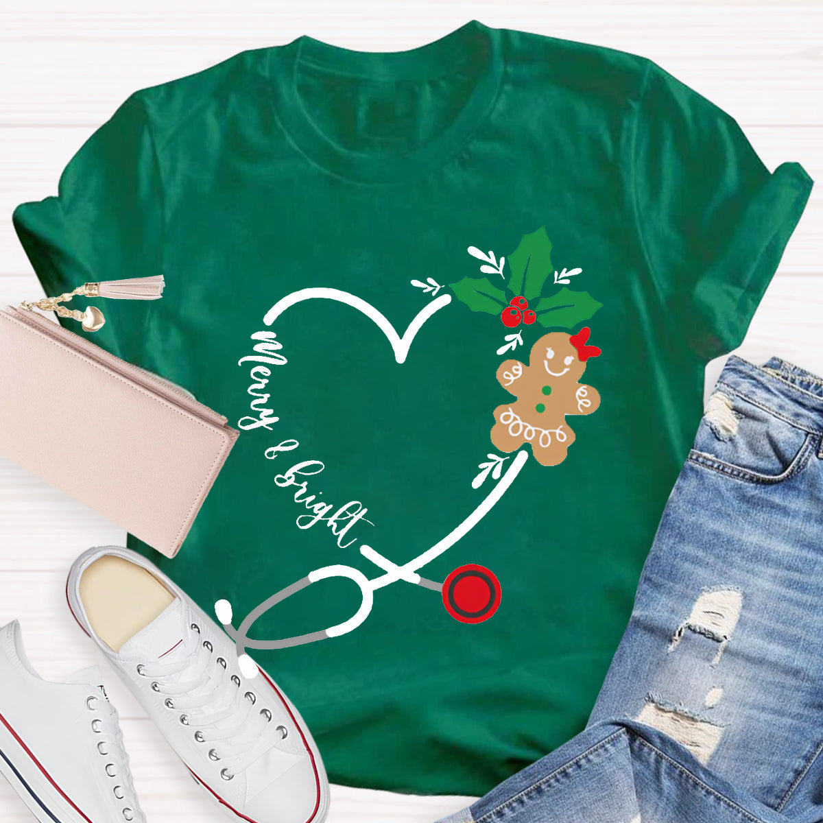 Merry And Bright Christmas School Nurse Stethoscope T-shirt
