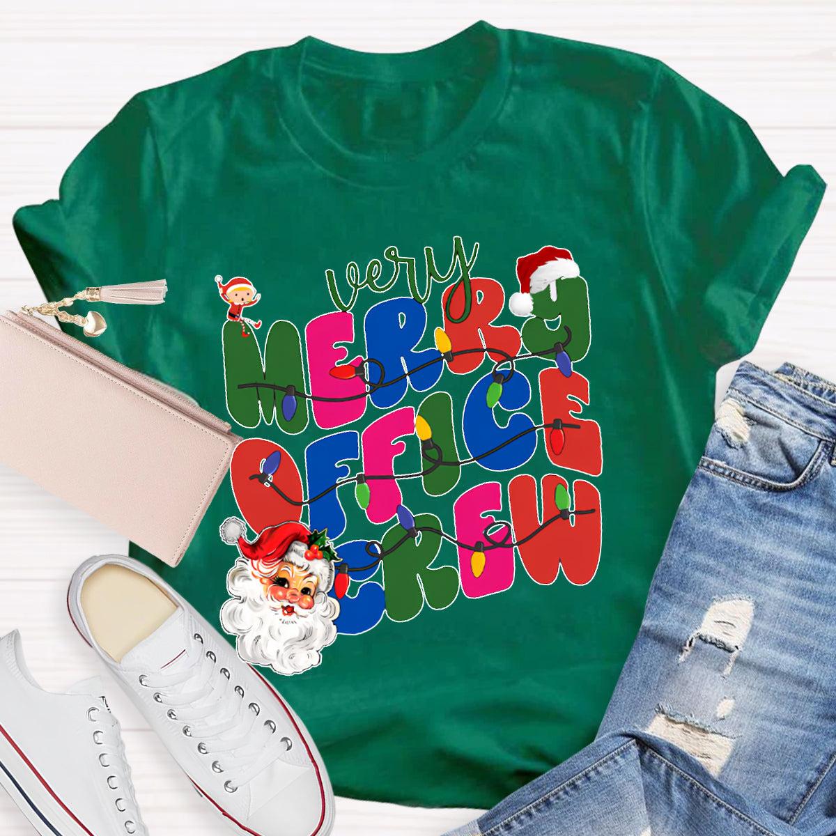 Very Merry Office Crew Santa Claus And Colorful Fonts T-shirt