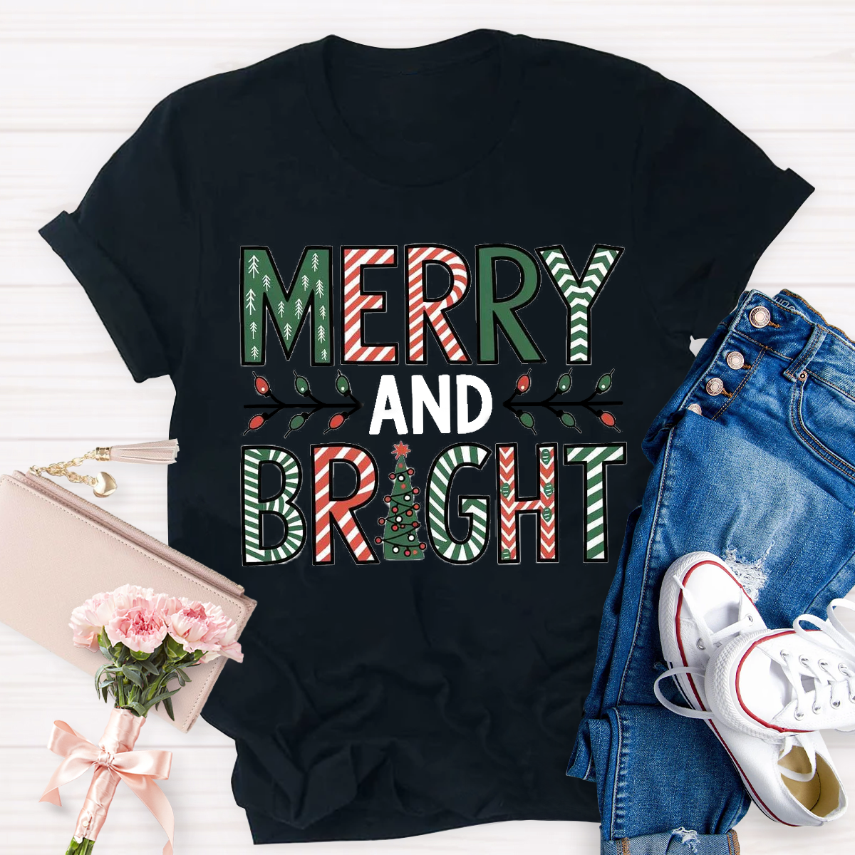 Merry And Bright Christmas Tree Teacher T-Shirt