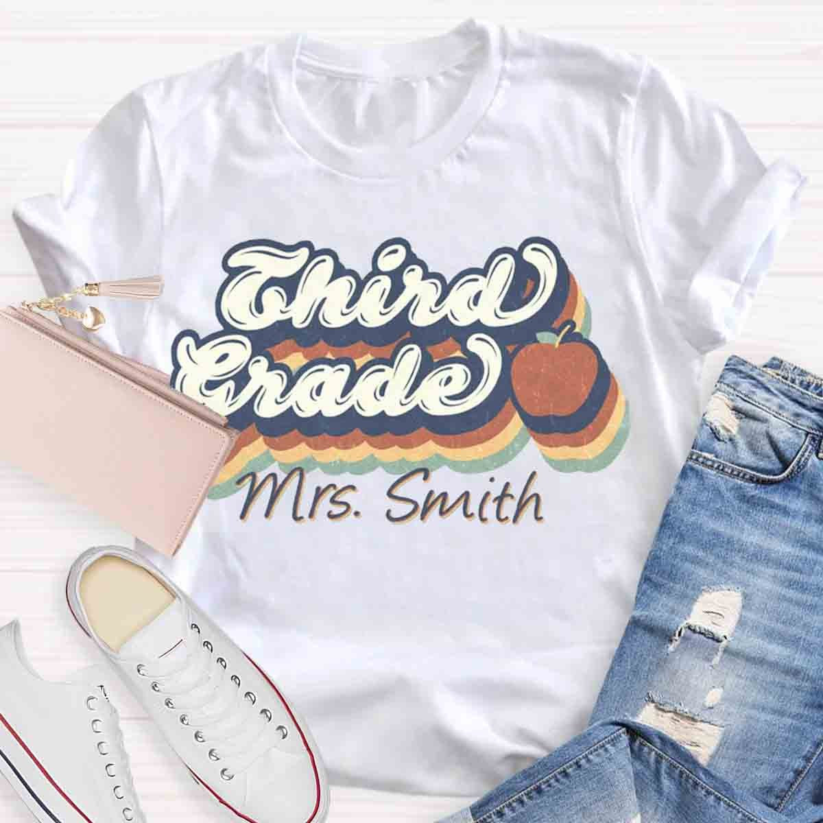 Personalized Grade And Name Retro 3rd Grade Teacher Shirt