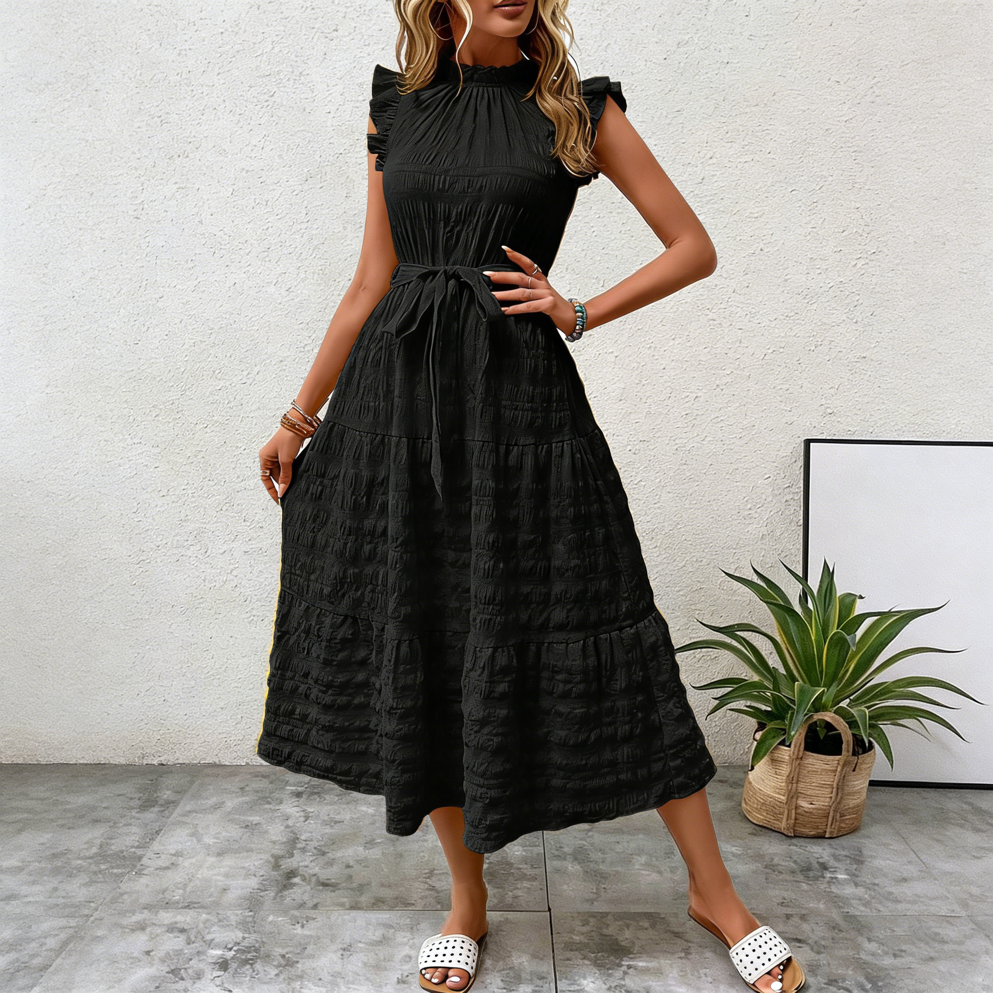 Ruffled Trim Flutter Sleeves Tie-Up Textured Dress