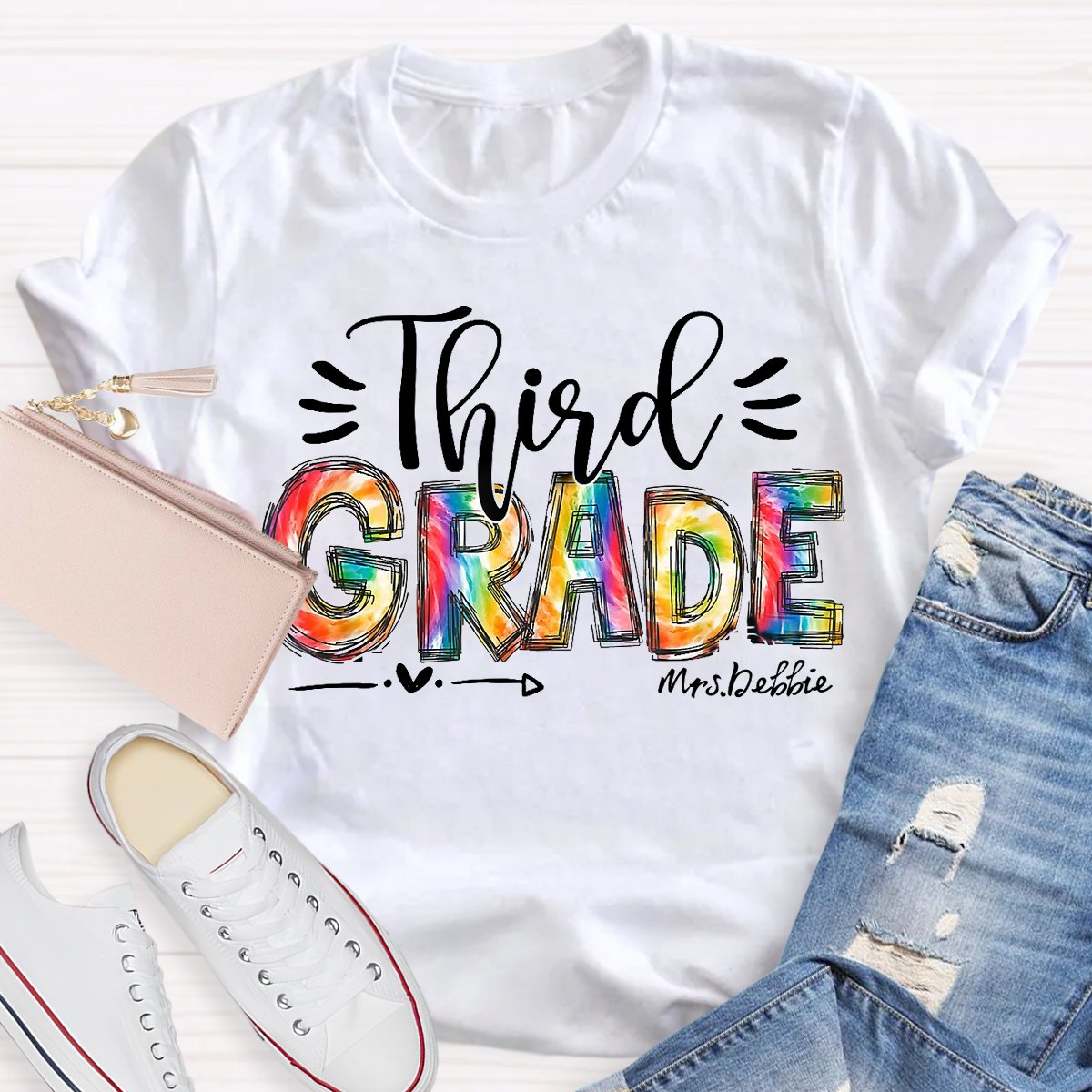 Personalized  Grade And Name Colorful Printed Teacher Back To School T-Shirt