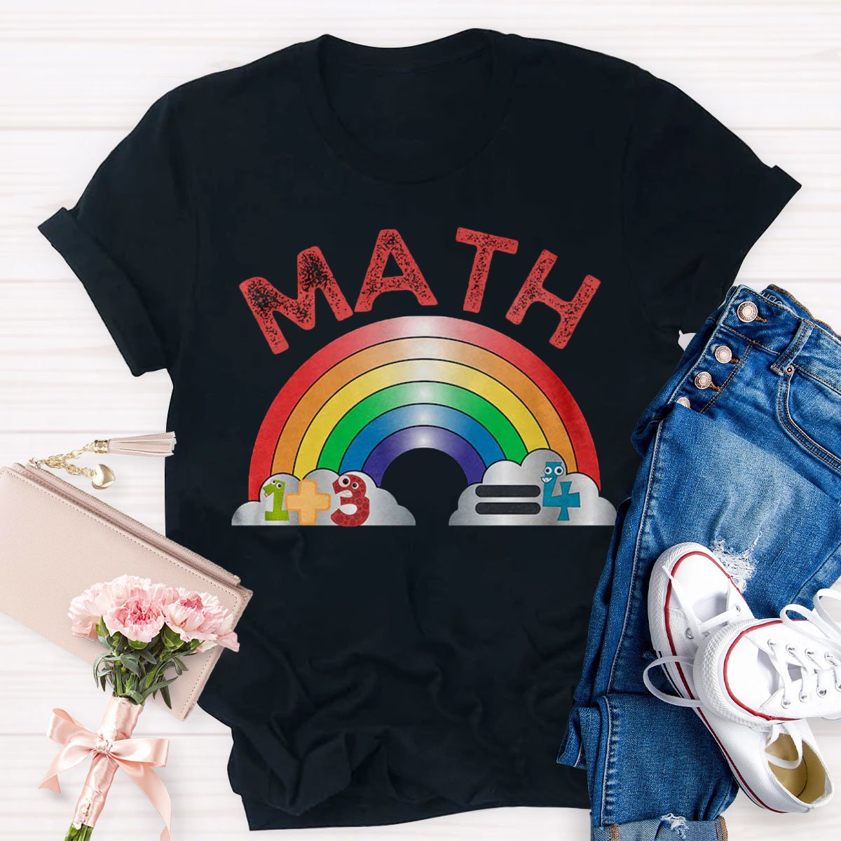 Math Teacher With Rainbow Print Short Sleeve T-shirt