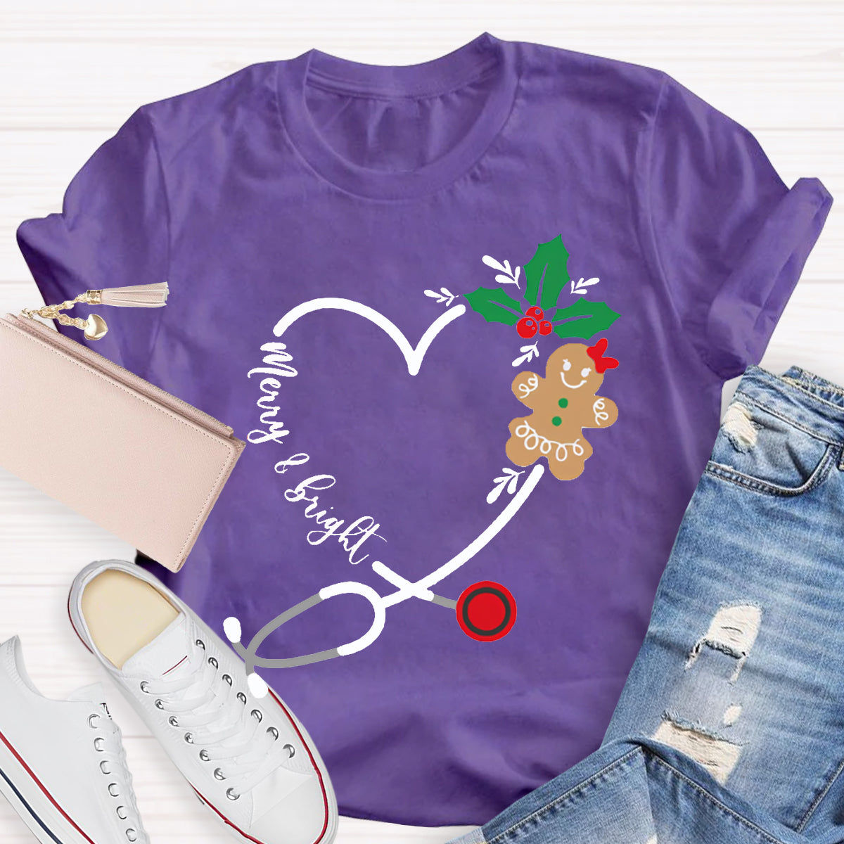 Merry And Bright Christmas School Nurse Stethoscope T-shirt