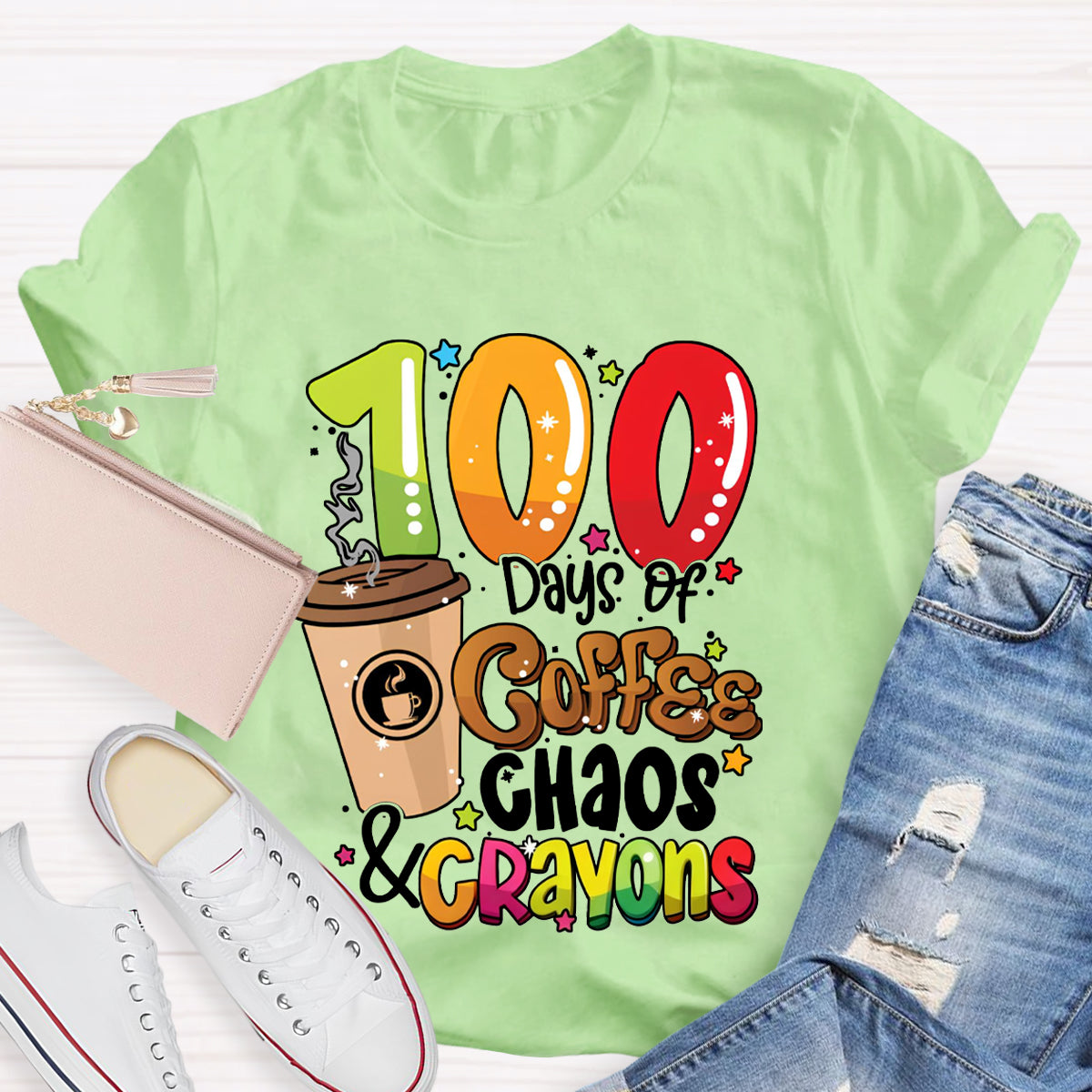 100 Days Of Coffee Chaos And Crayons T-shirt