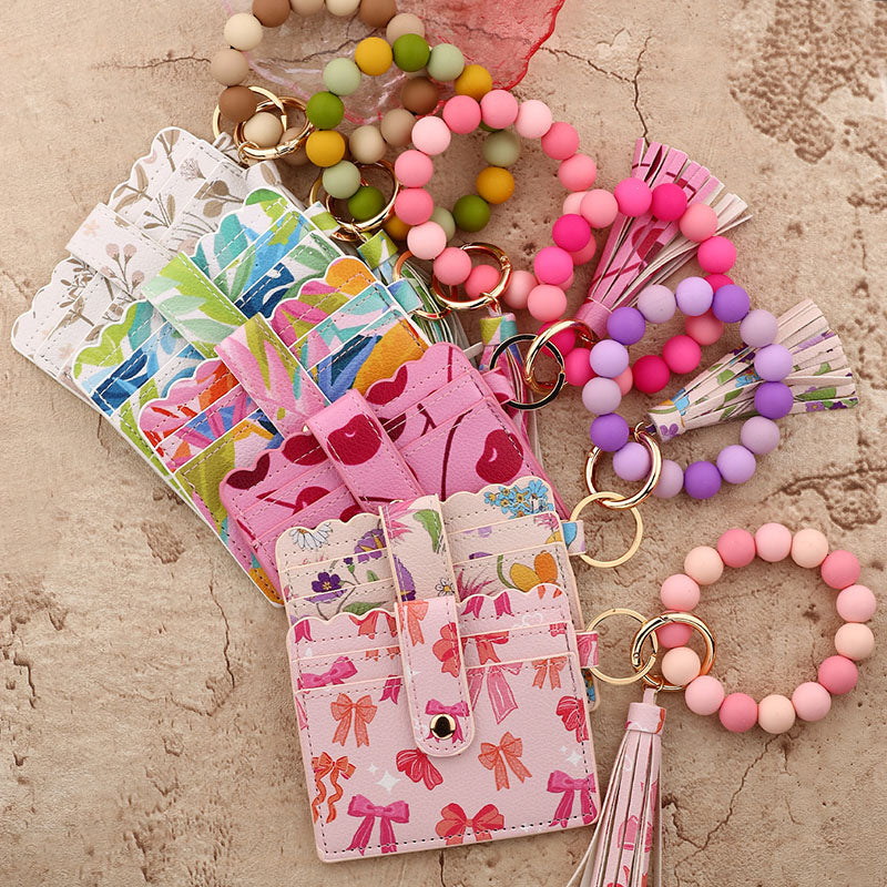 Silicone Bead Bracelet Keychain Printed Card Holder Bow