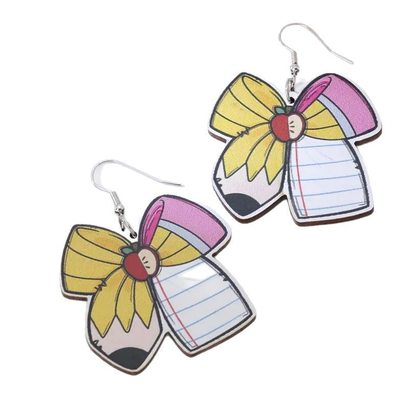 Back to school season bow pencil wooden earrings