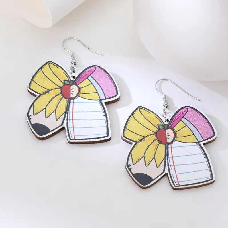 Back to school season bow pencil wooden earrings