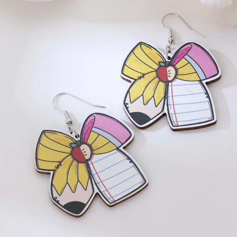 Back to school season bow pencil wooden earrings