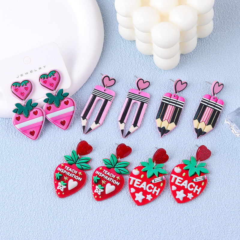 Fun Strawberry Acrylic Pencil Earrings