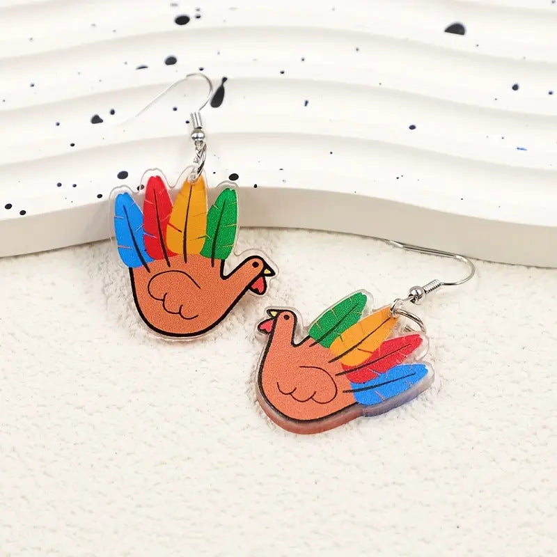 Colorful Feather Turkey Thanksgiving Acrylic Drop Earrings