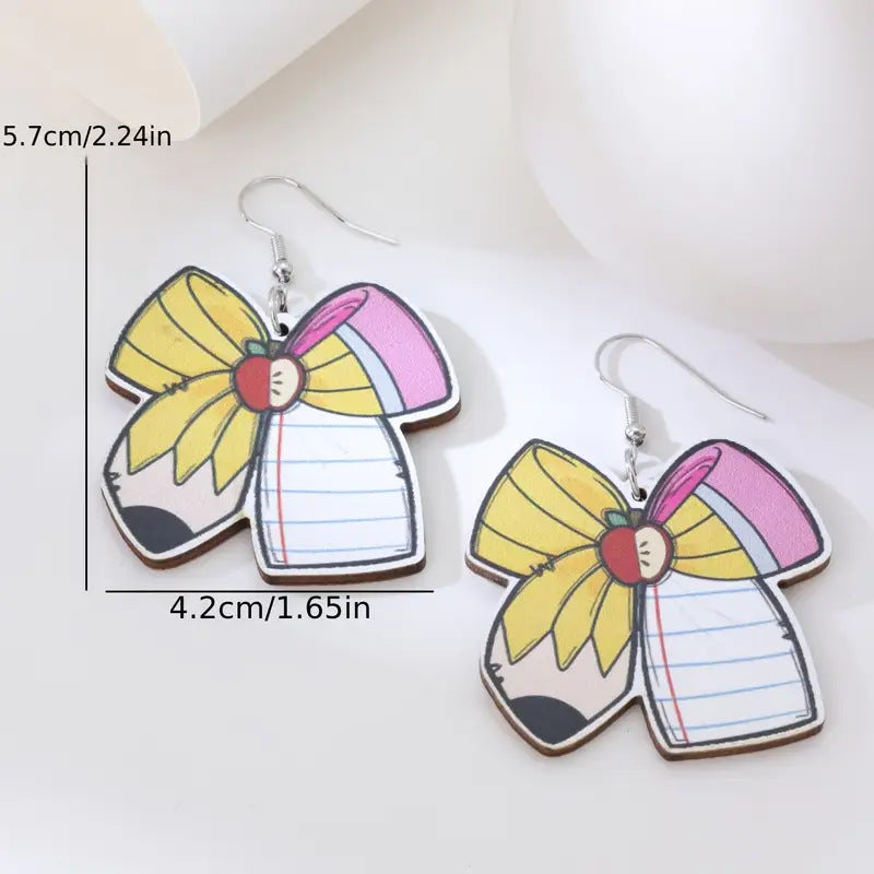 Back to school season bow pencil wooden earrings