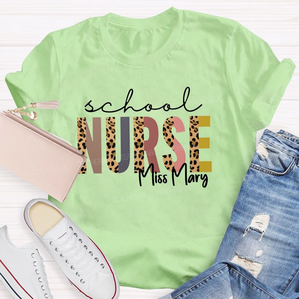 Personalized Name School Nurse Leopard Letter Teacher T-Shirt