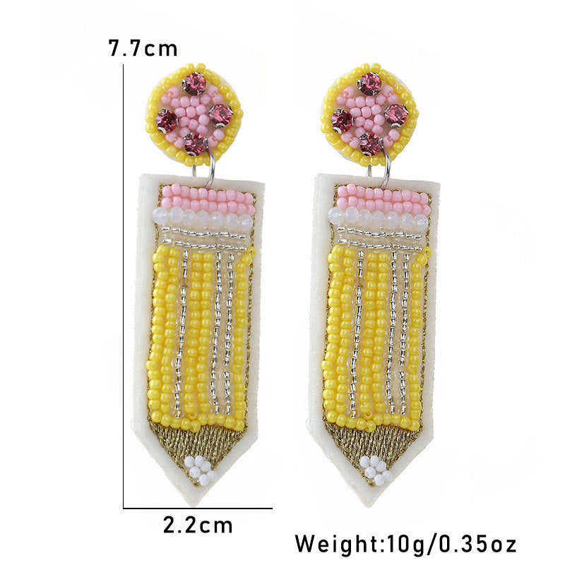 Handmade Beaded Glass Seed Bead Heart Pencil Earrings