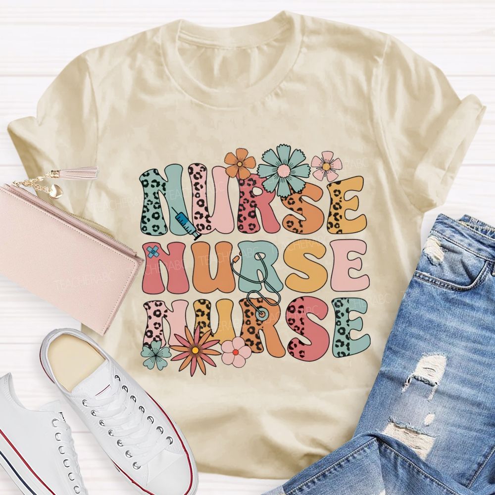 School Nurse Leopard Printed Flower Teacher T-Shirt