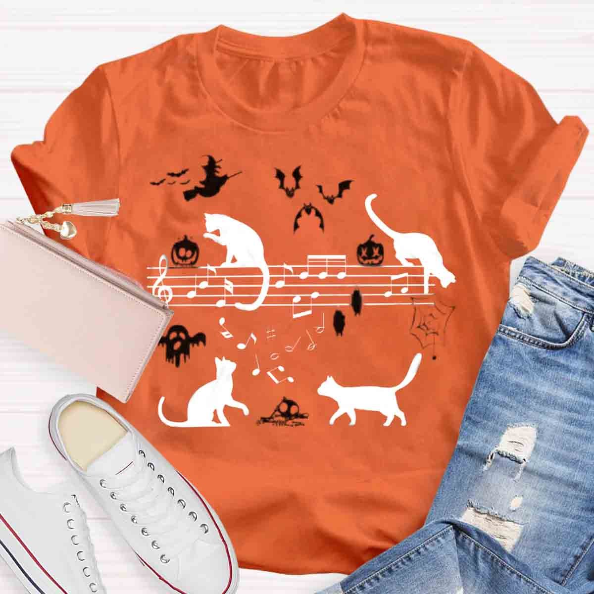 Ghost Cat Music Notes Halloween Music Teacher T-Shirt
