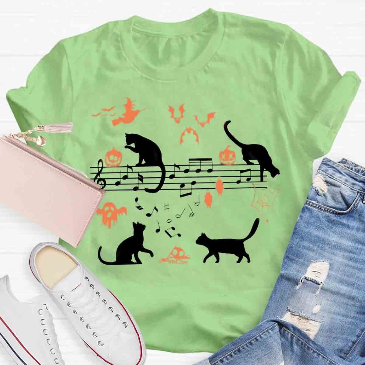Ghost Cat Music Notes Halloween Music Teacher T-Shirt