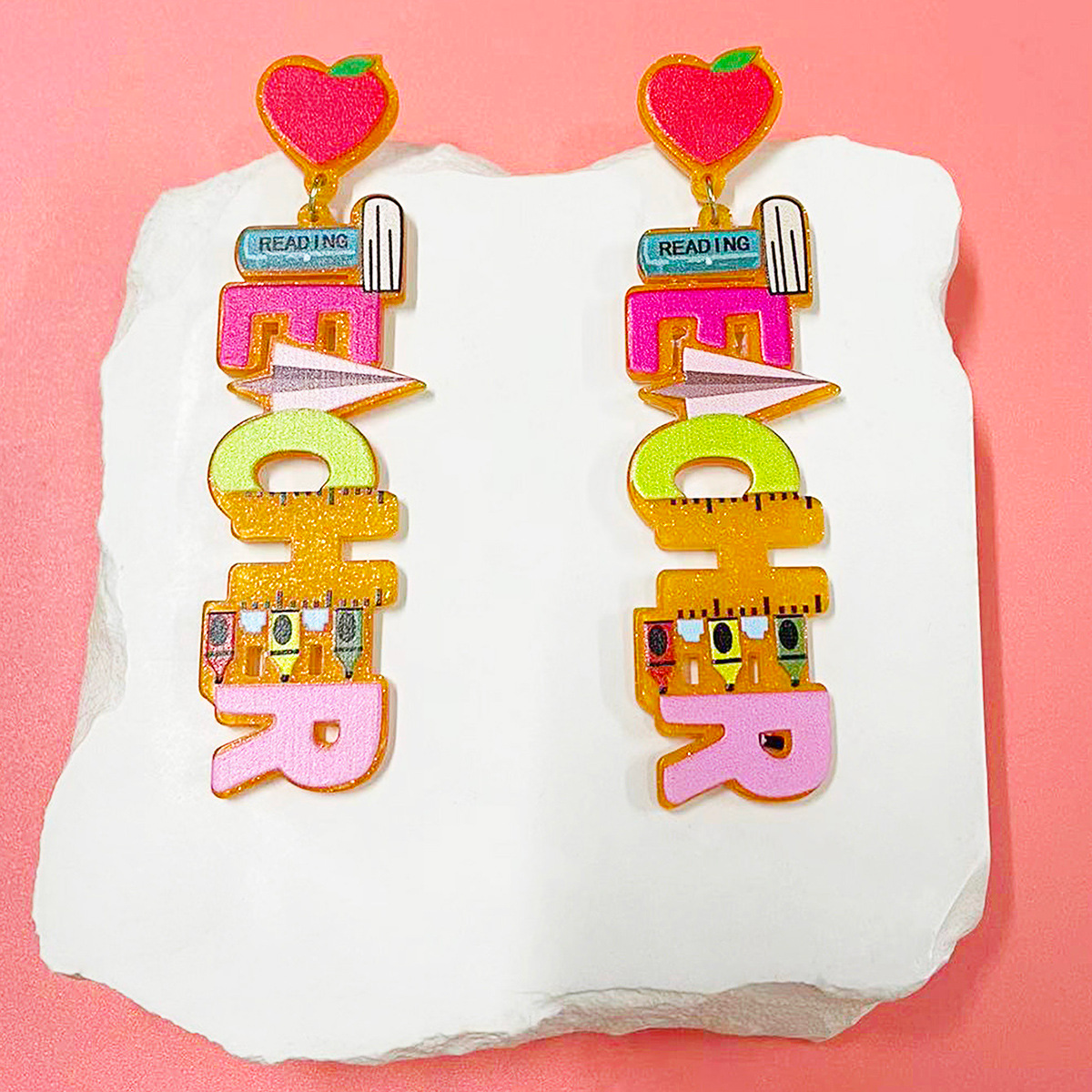 Heart Heart Letter TEACHER Acrylic Earrings