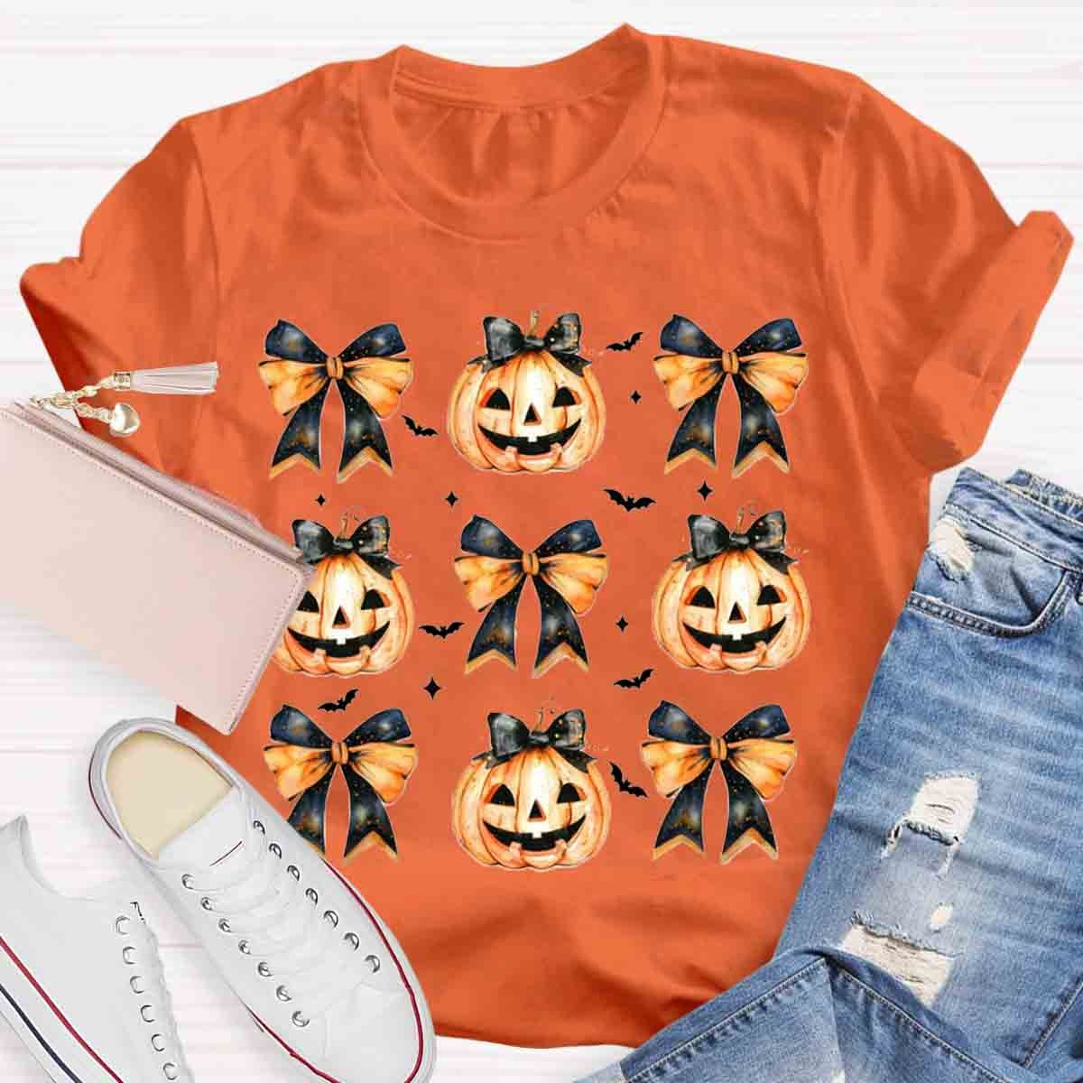 Fall Vibes Pumpkin Bowknot Spooky Teacher T-Shirt