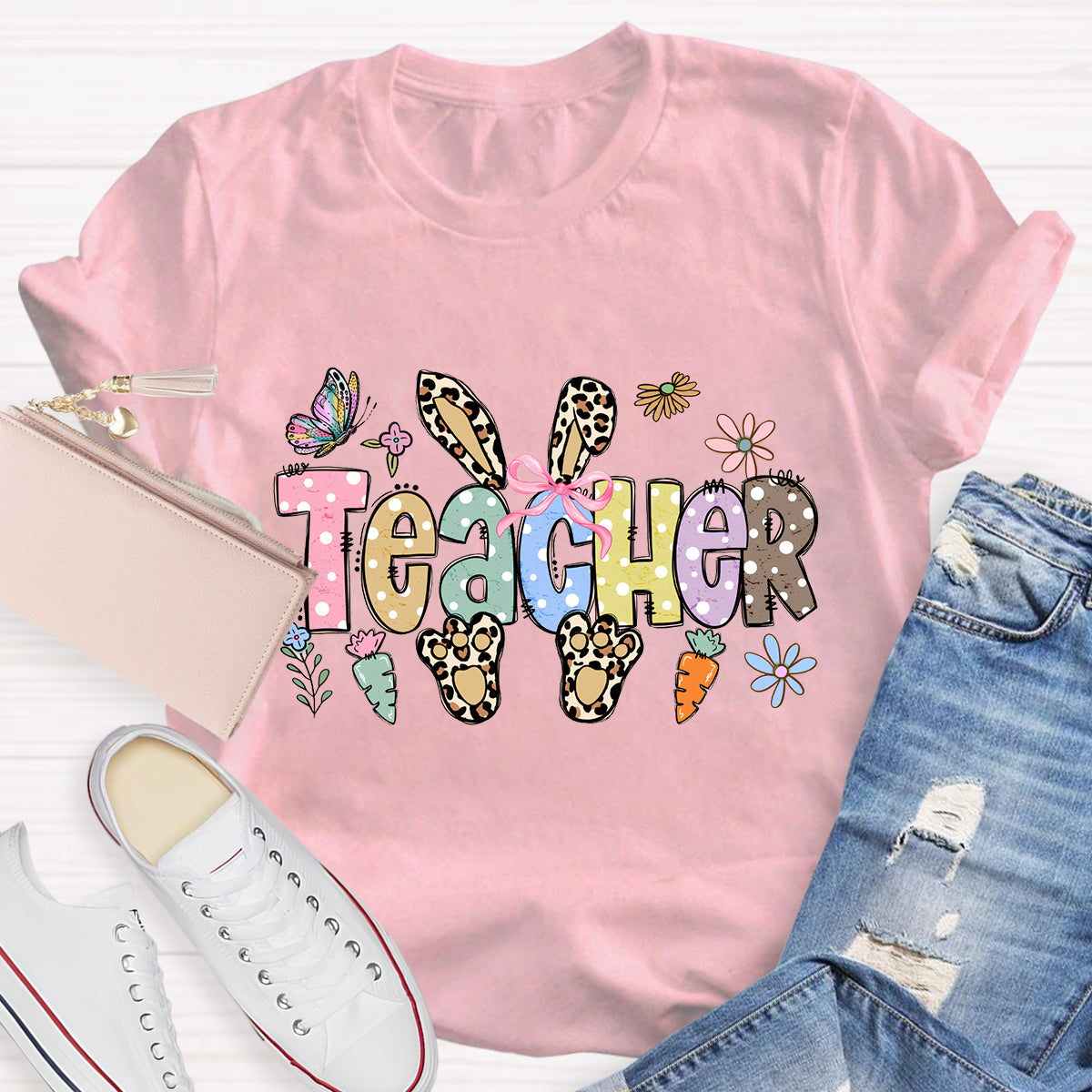 Leopard Happy Easter Bunny Teacher T-Shirt