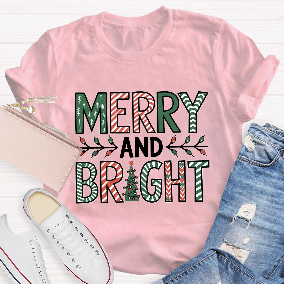 Merry And Bright Christmas Tree Teacher T-Shirt