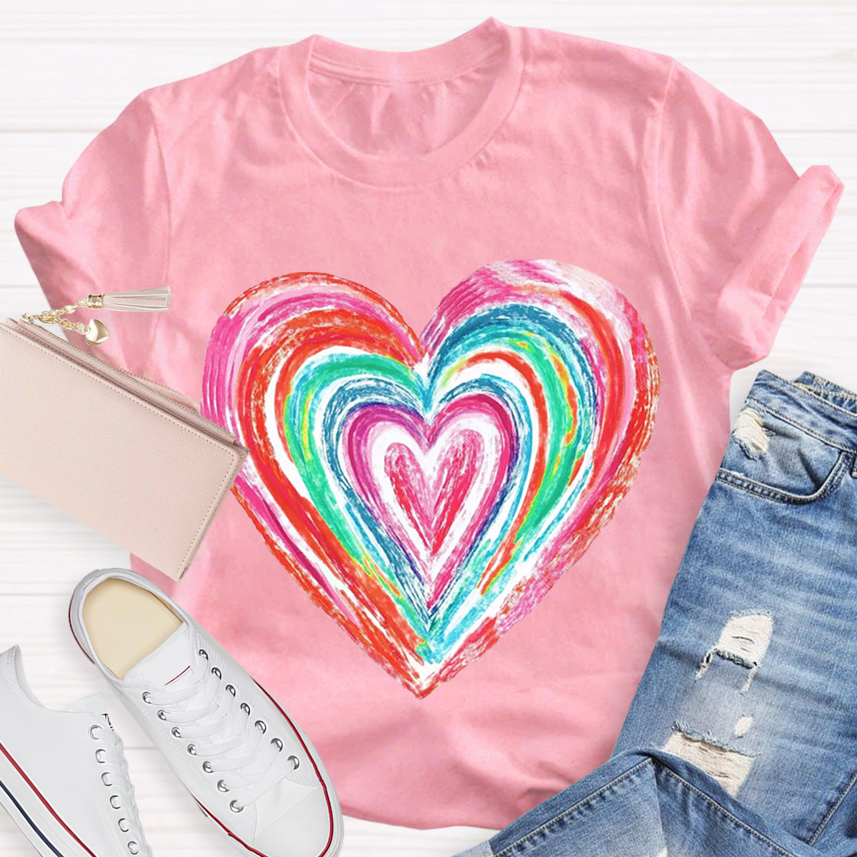 Valentines Colorful Rainbow Heart Teacher T-Shirt