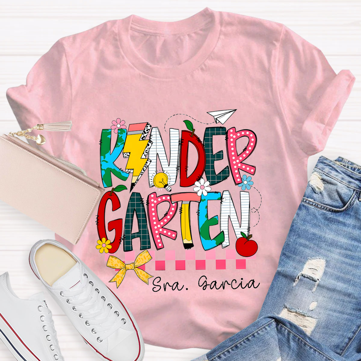 Personalized Grade And Name Apple Pencil light Teacher T-Shirt
