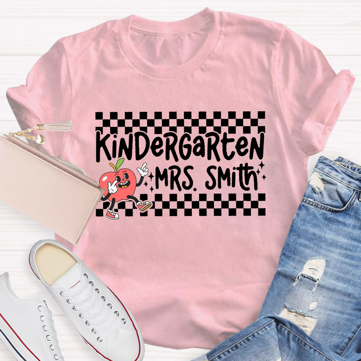 Personalized Grade And Name Chessboard pattern Apple Teacher T-Shirt
