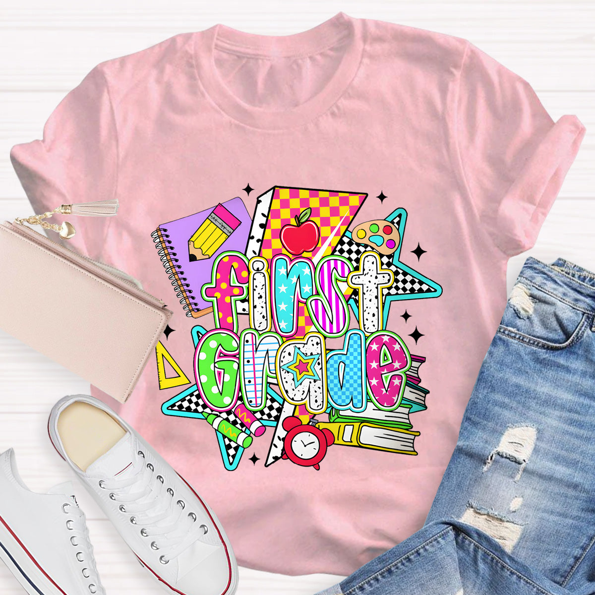 Personalized Grade First Grade Teacher Books Pencil T-Shirt