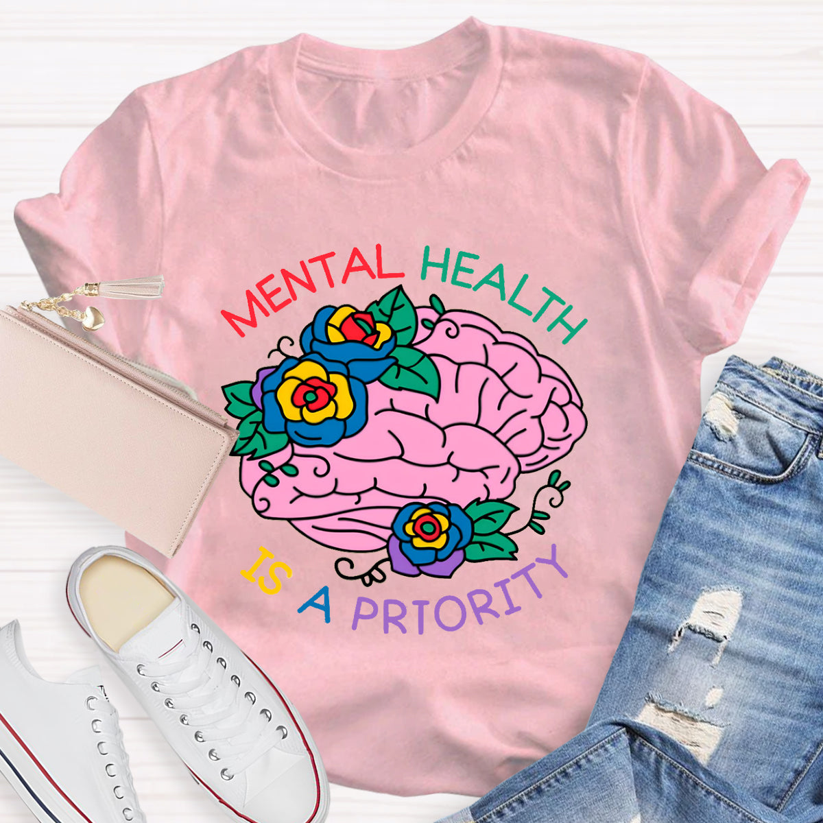 Mental Heath Is A Priority Floral Brain T-Shirt