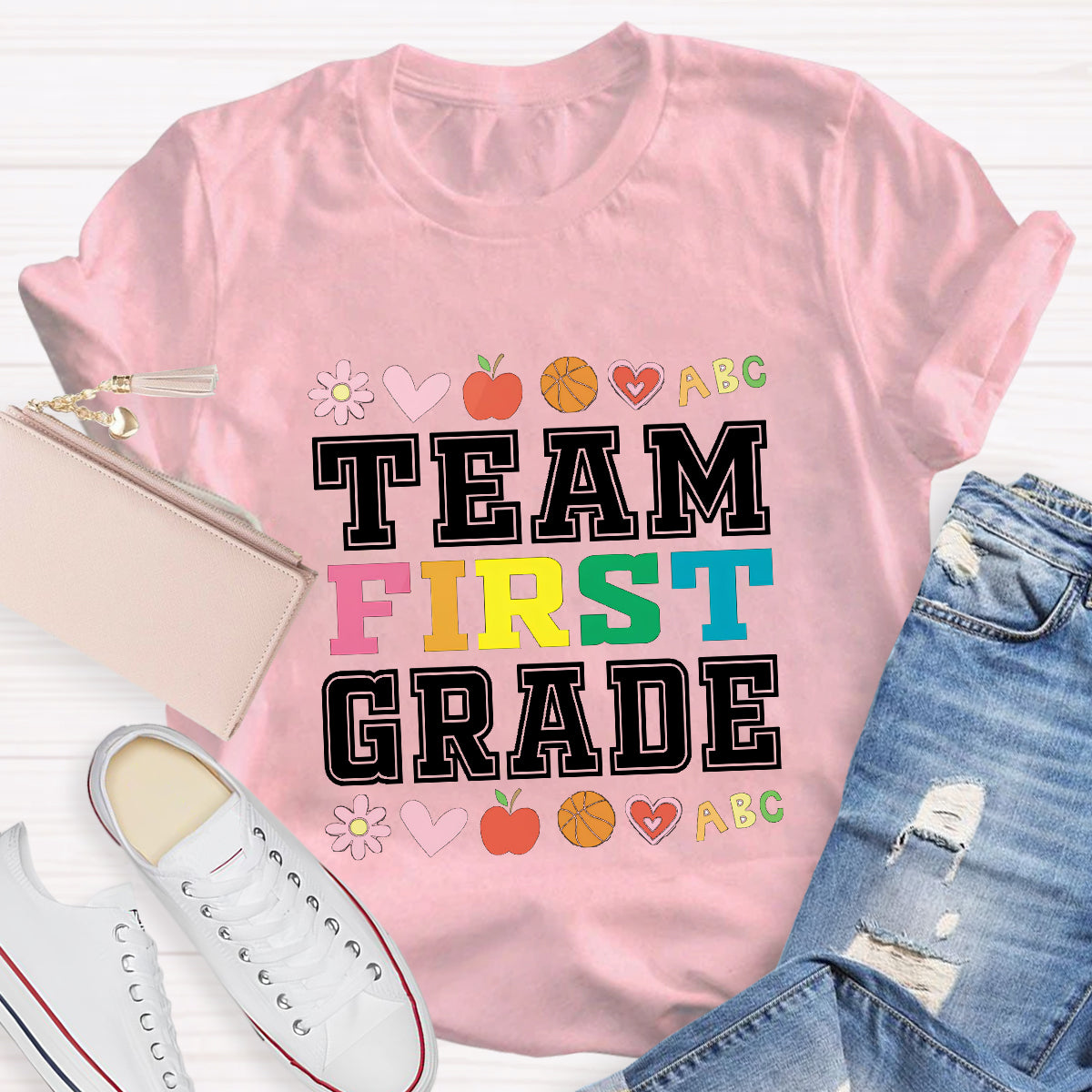 Personalized Grade Team Colorful First Grade Teacher T-Shirt