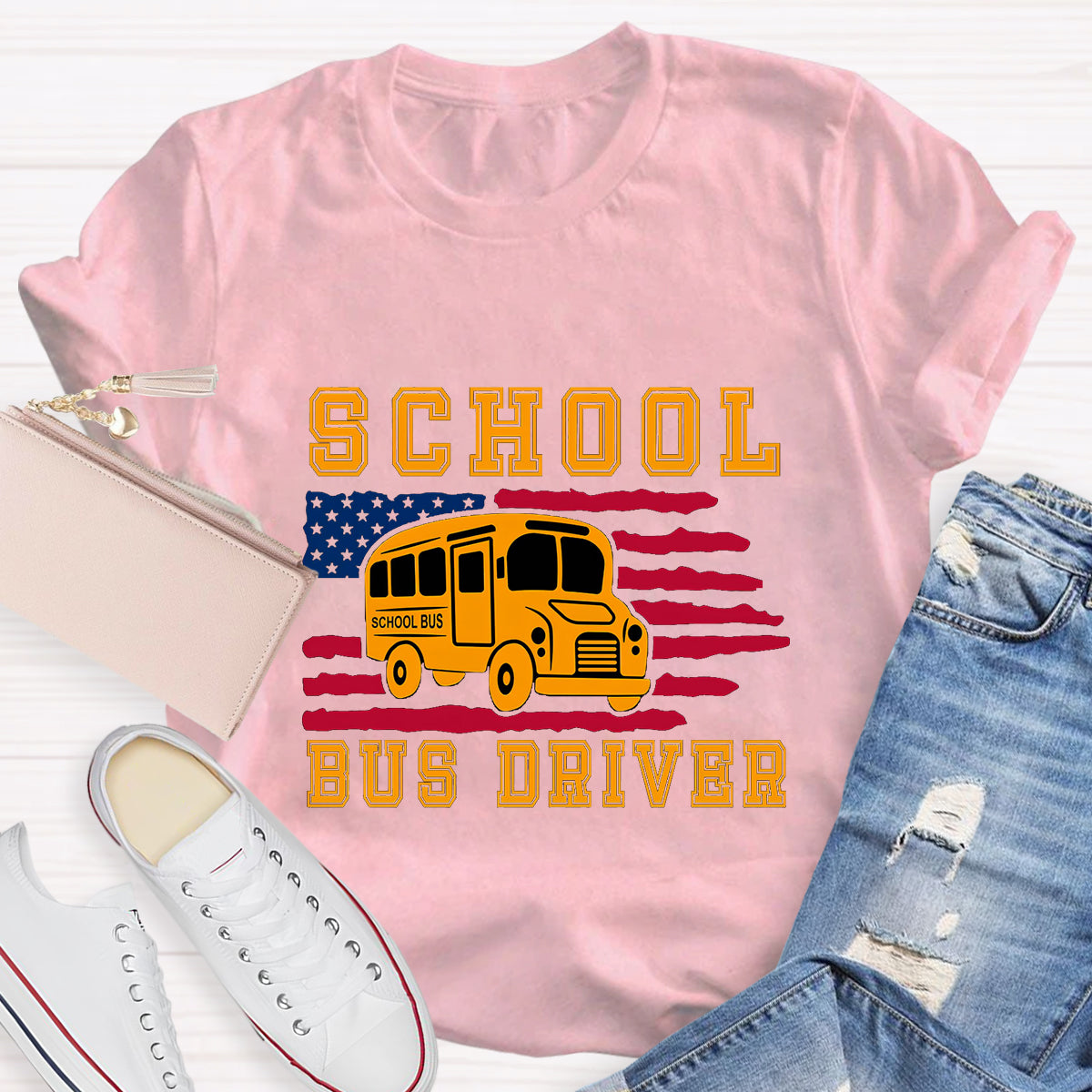 School Bus Driver US Flag T-Shirt