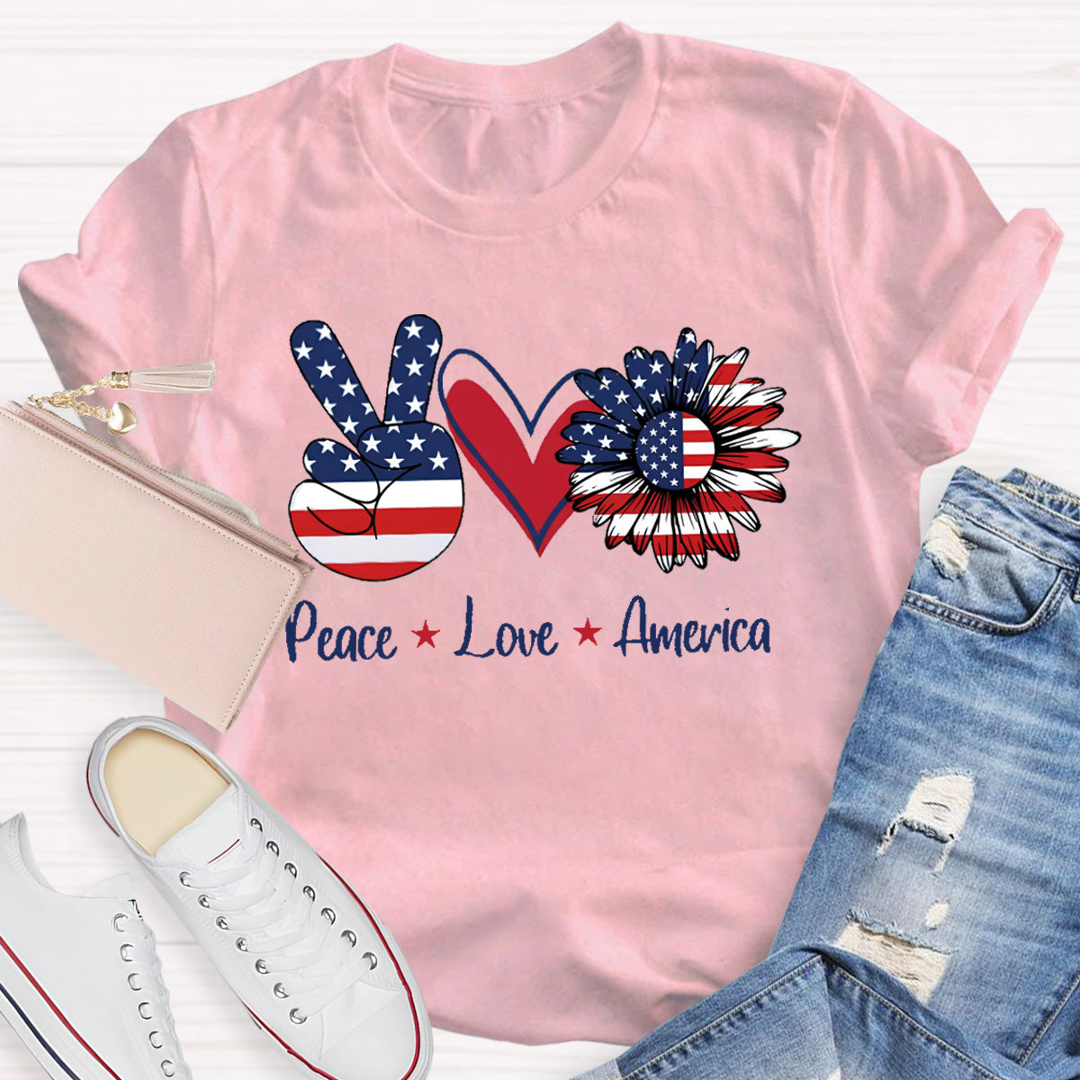 Peace Love America Star Teacher T-Shirt