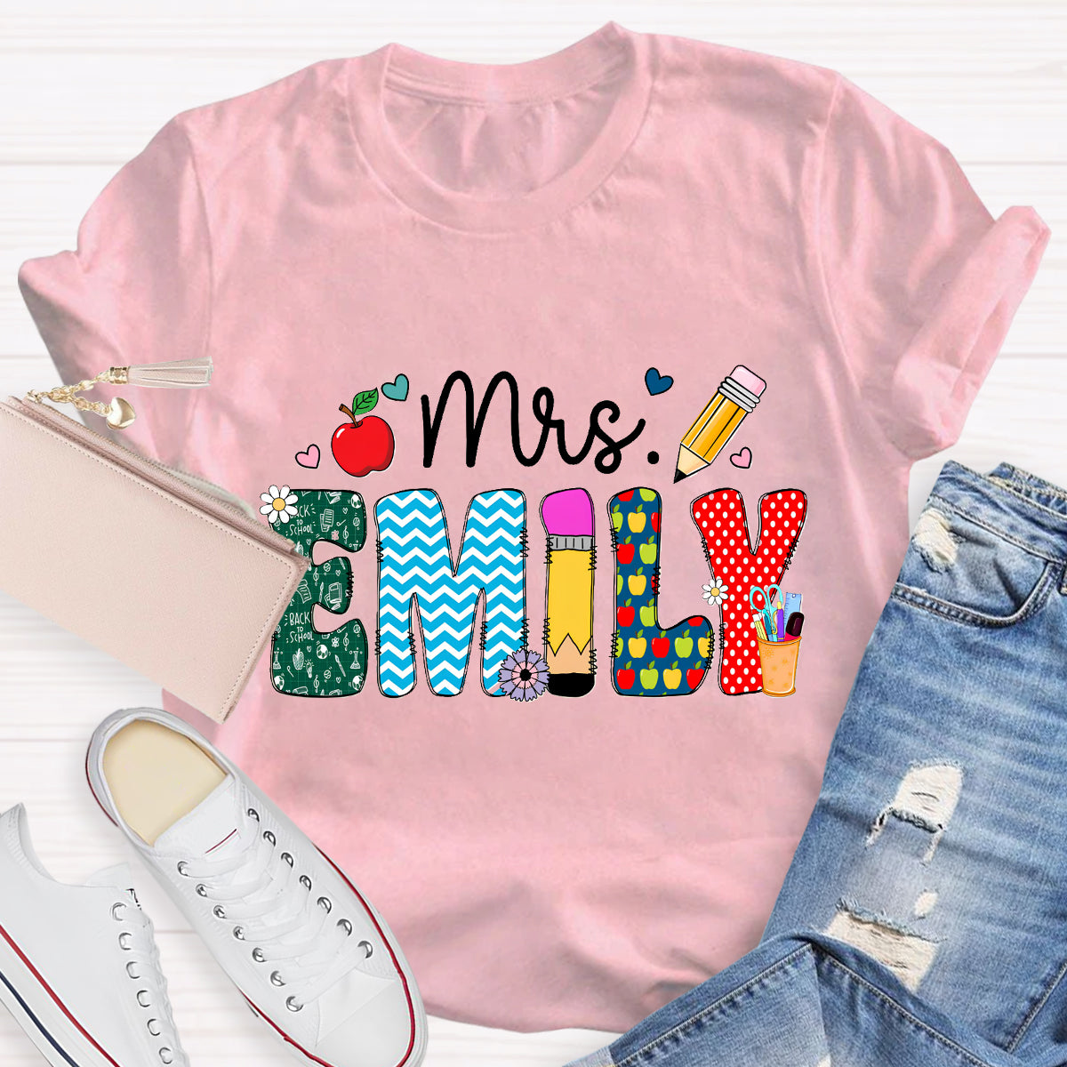 Personalized Name Beautiful Flower Emily Teacher T-Shirt