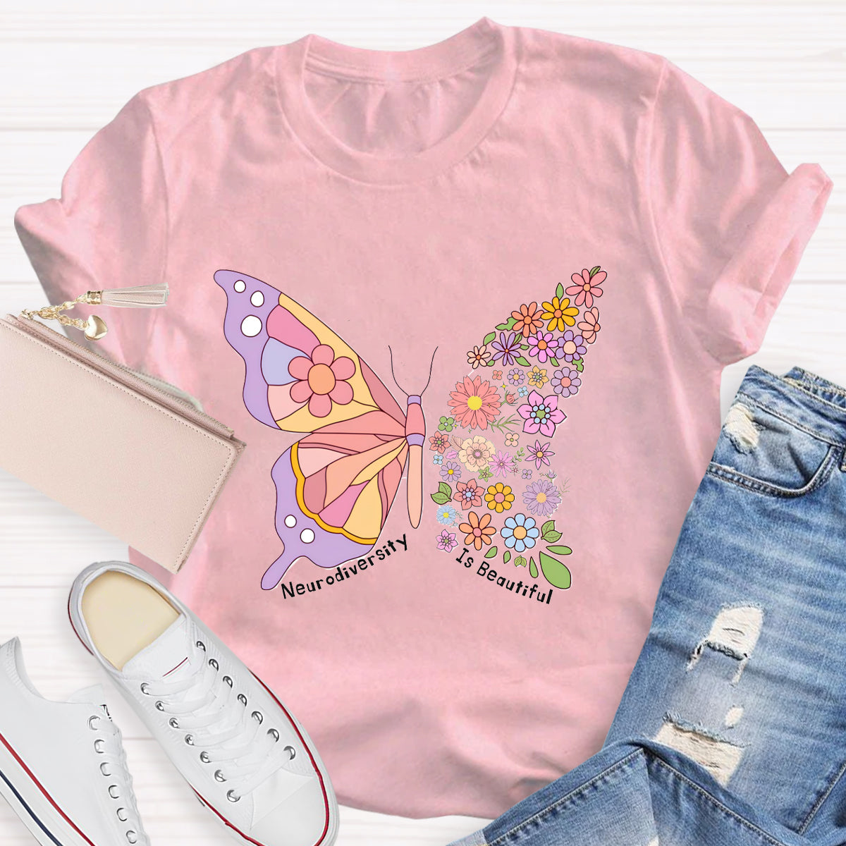 Neurodiversity Is Beautiful Floral Butterfly Teacher T-Shirt