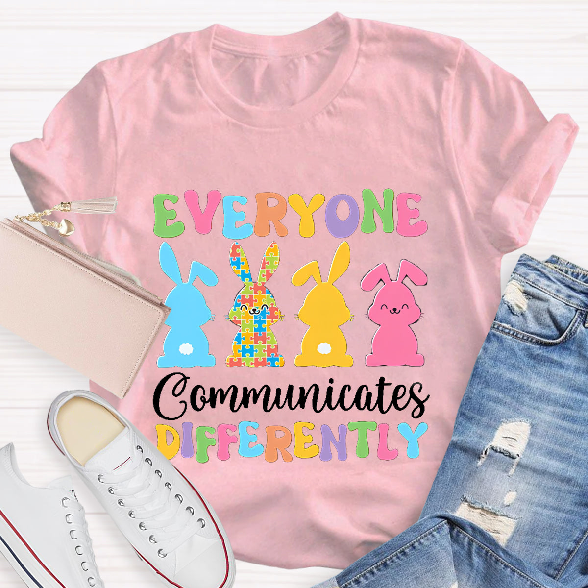 Everyone Communicates Differently Bunny Teacher T-Shirt