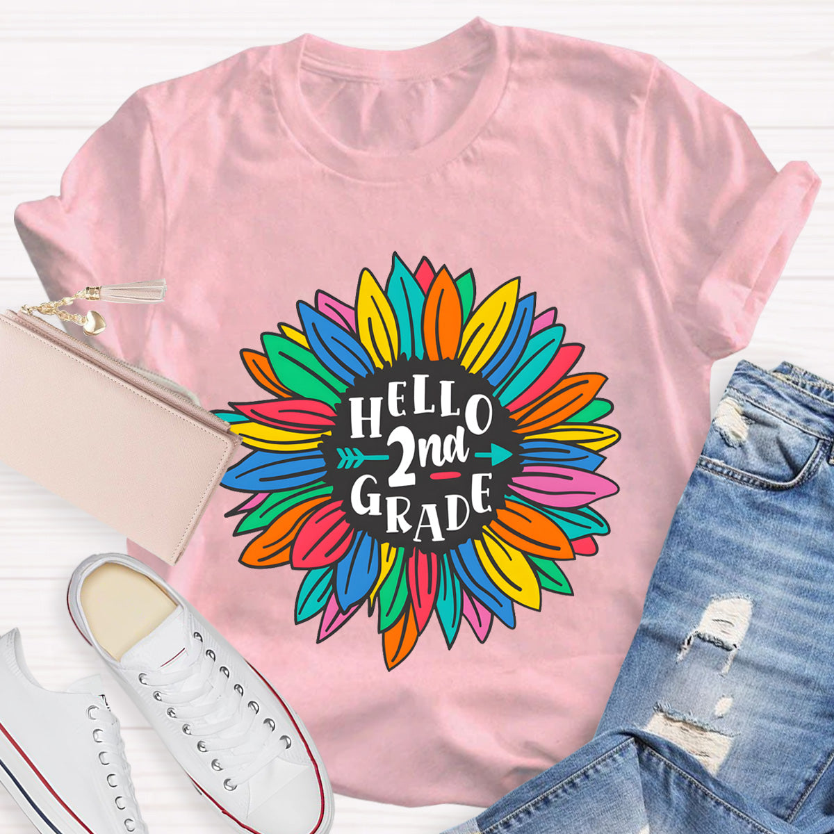Personalized Grade Hello 2nd Grade Sunflower Teacher T-Shirt