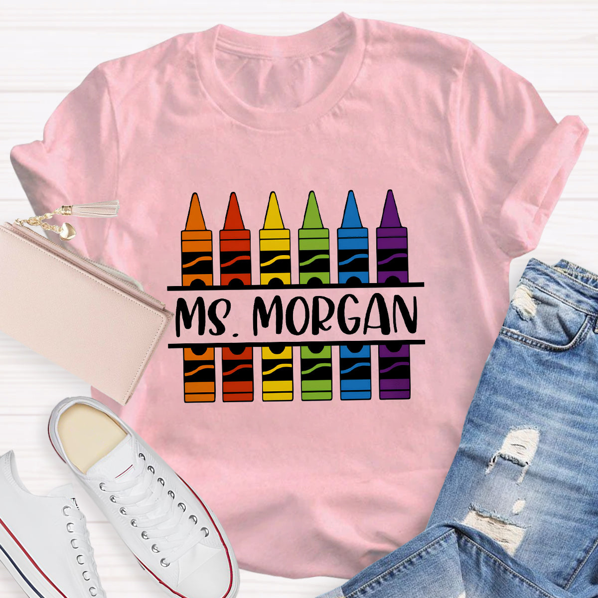 Personalized Name Crayon Printed Teacher T-shirt