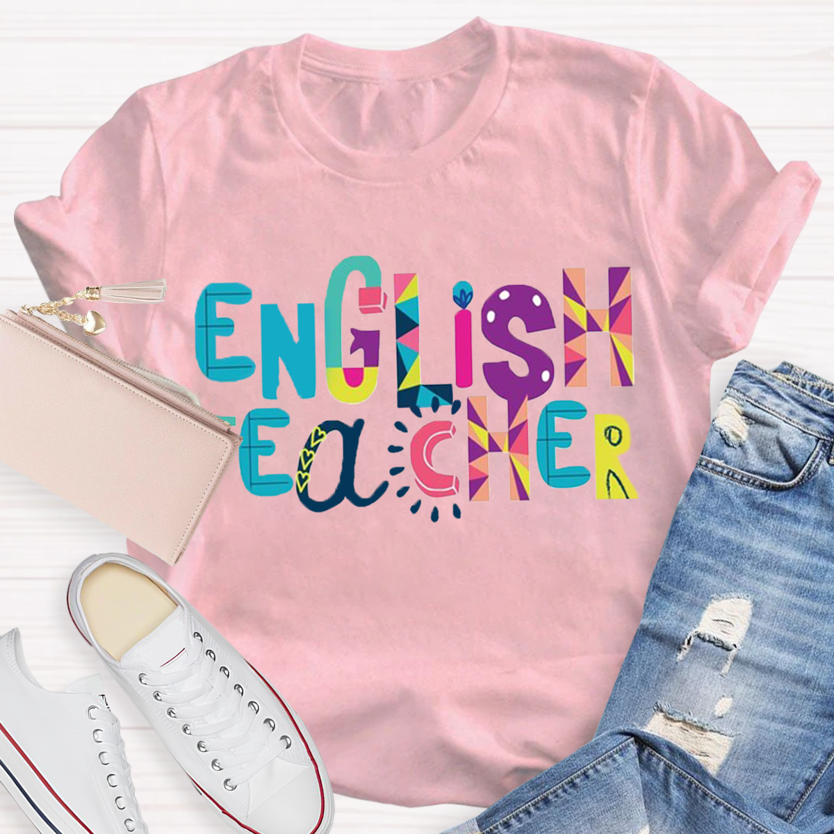 Artistic Color Block Design English Teacher T-Shirt