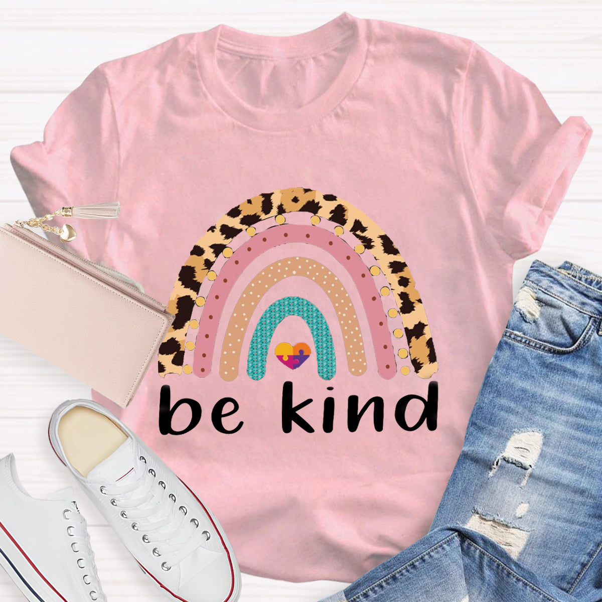Be Kind Leopard Rainbow Colorful Heart T-Shirt