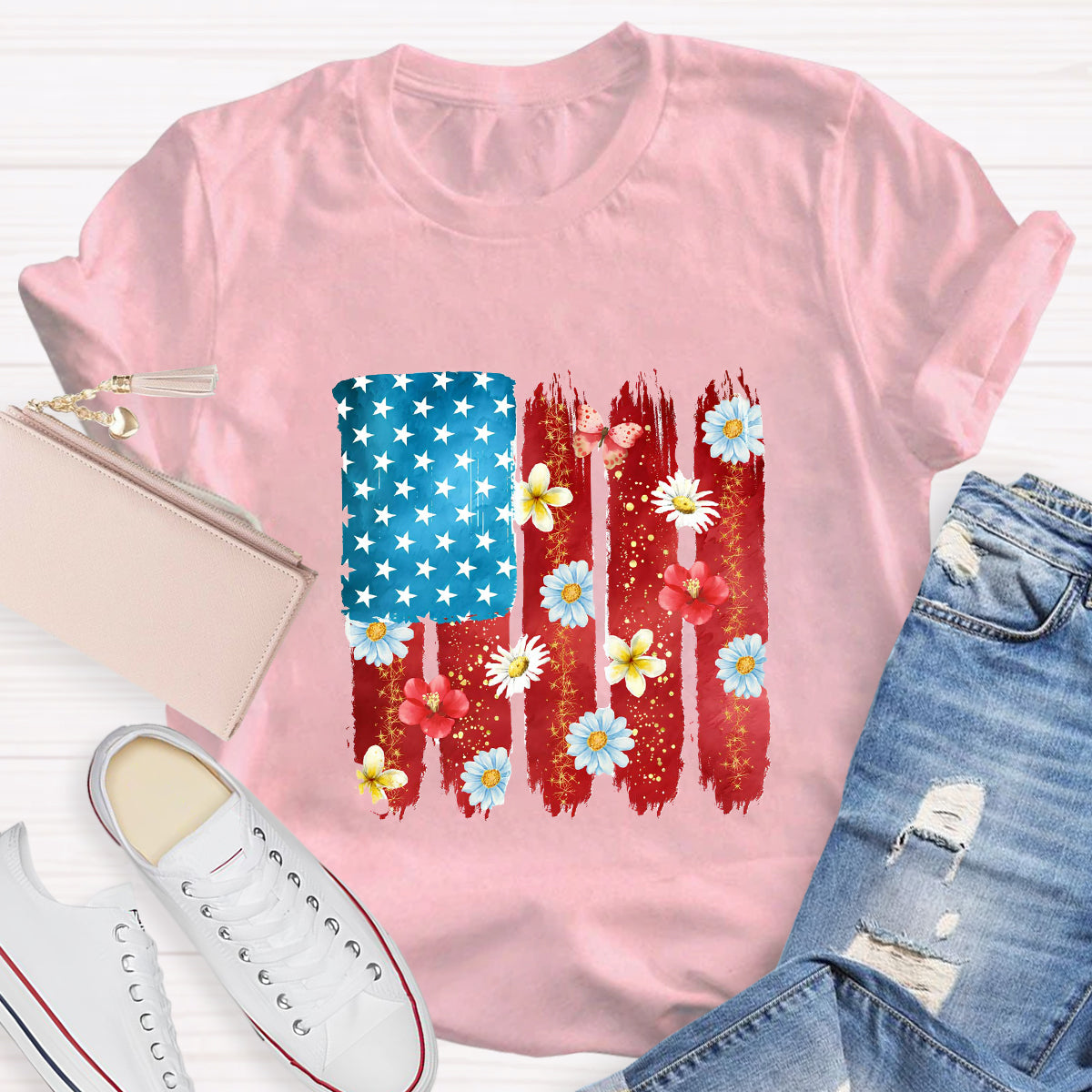 US Flag Flower Strip Star Teacher T-Shirt