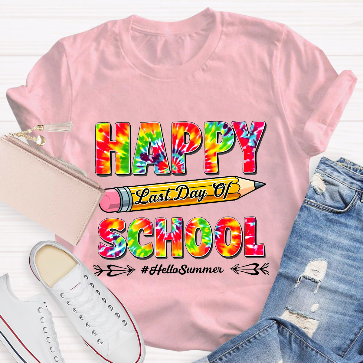Happy Last Day Of School Hello Summer Colorful Pencil Teacher T-Shirt