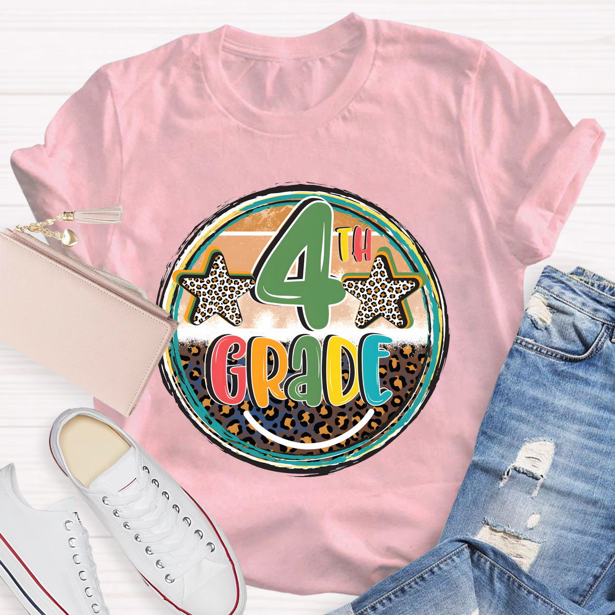 Personalized Grade Leopard Star 4th Grade Teacher T-Shirt