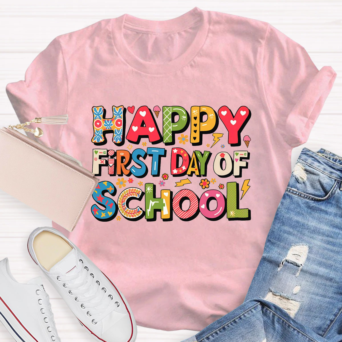 Happy First Day Of School Heart Printed Teacher T-Shirt