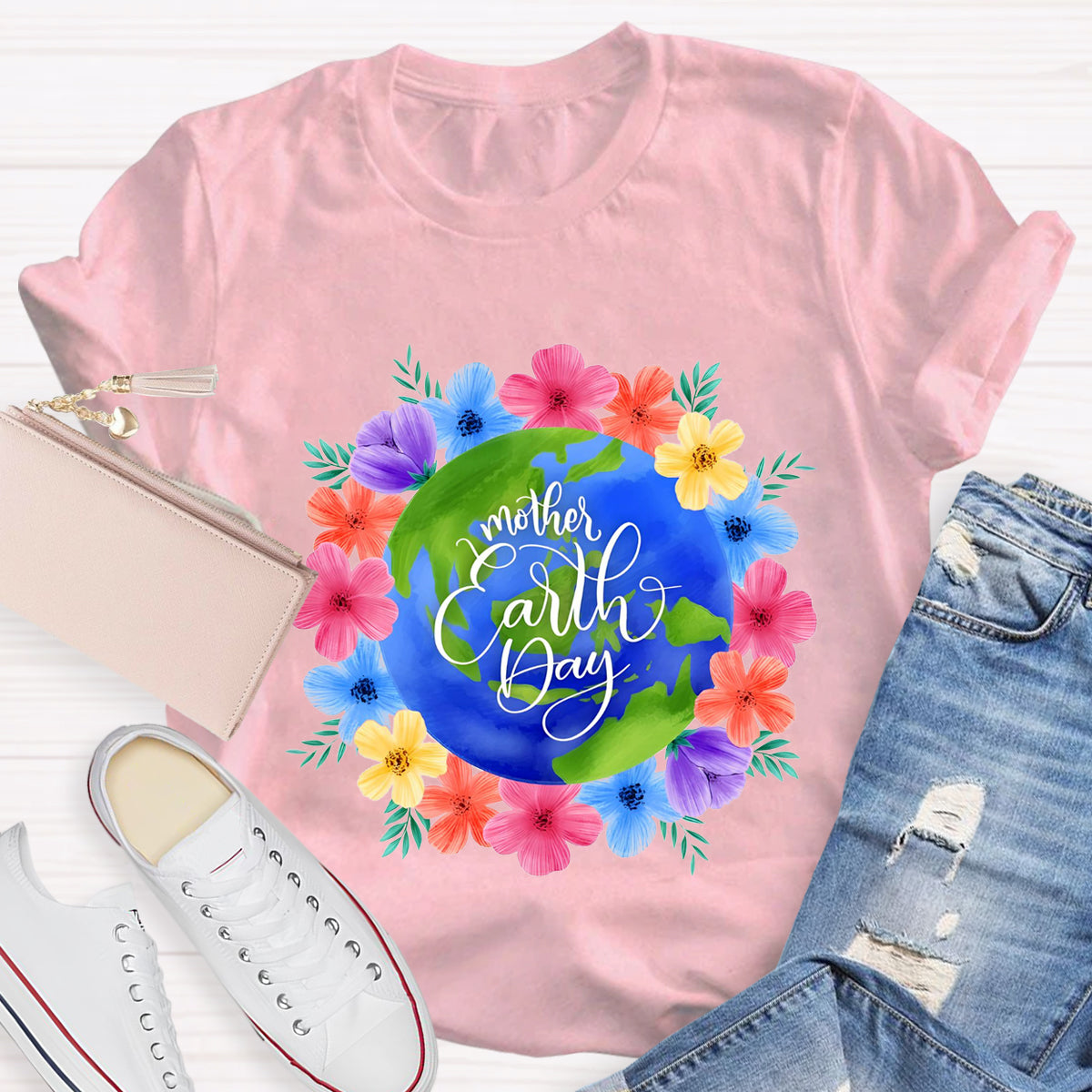 Blue Earth Day Floral Teacher T-Shirt